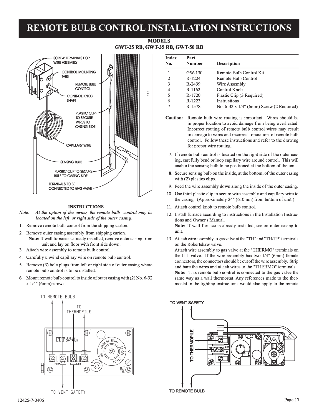 Empire Products GWT-25-2, GWT-35-2, RB) Remote Bulb Control Installation Instructions, Index, Part, Number, Description 
