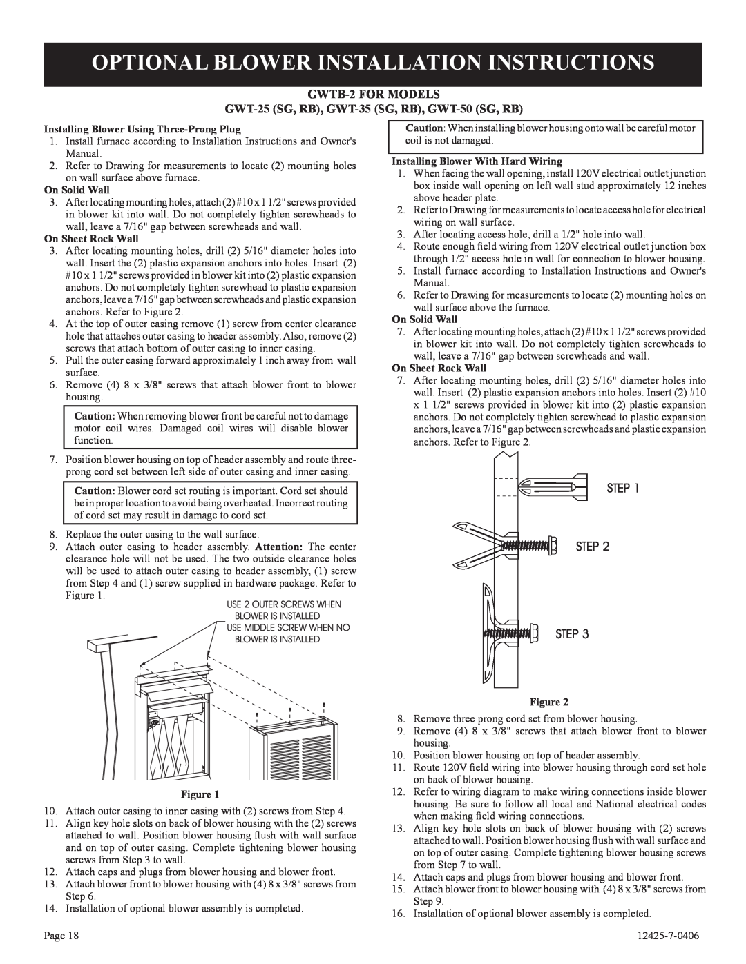 Empire Products GWT-35-2 Optional Blower Installation Instructions, Installing Blower Using Three-ProngPlug, On Solid Wall 