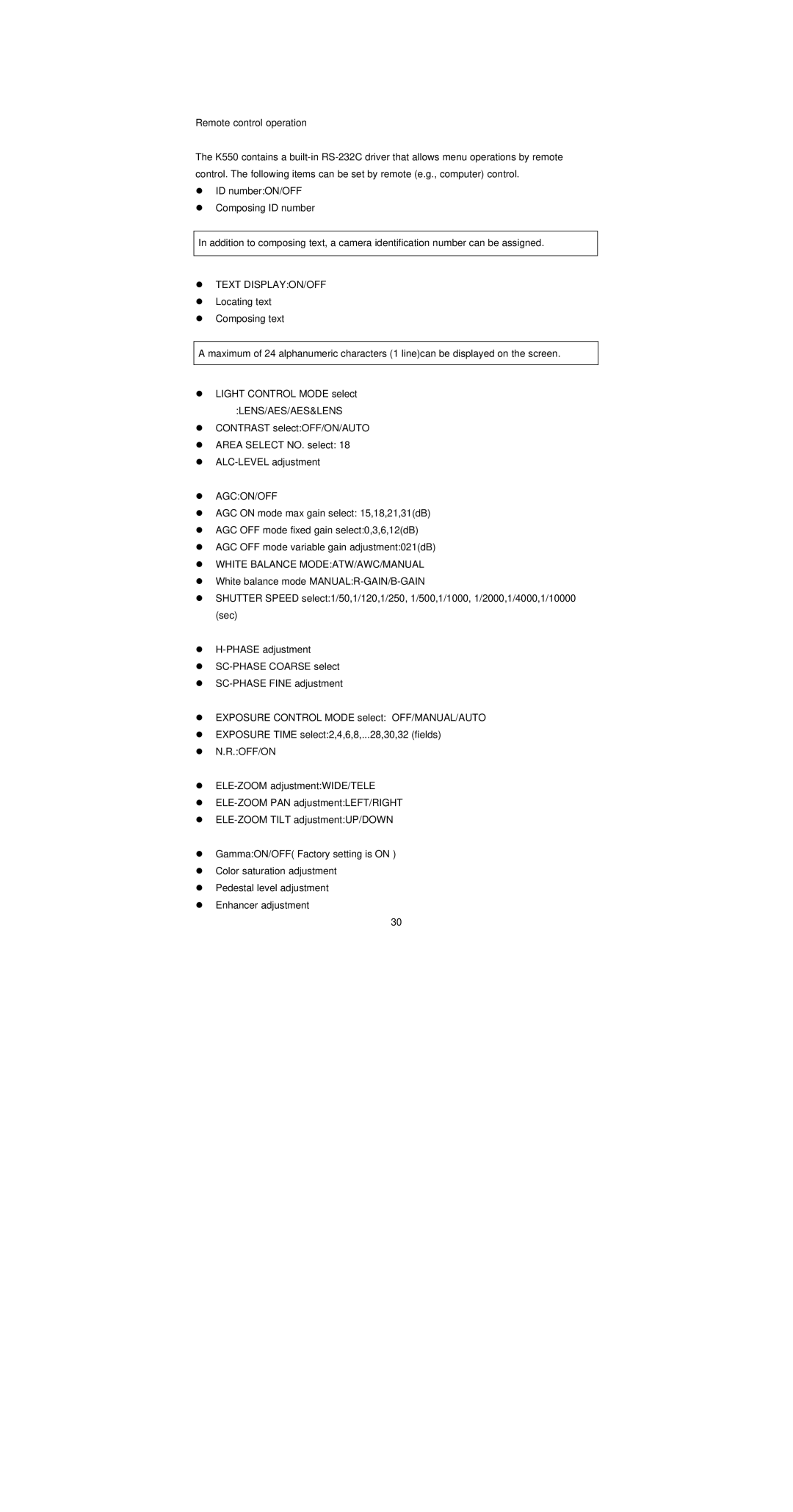 Empire Products K550 operation manual Text DISPLAYON/OFF, Agcon/Off, White Balance MODEATW/AWC/MANUAL, Off/On 