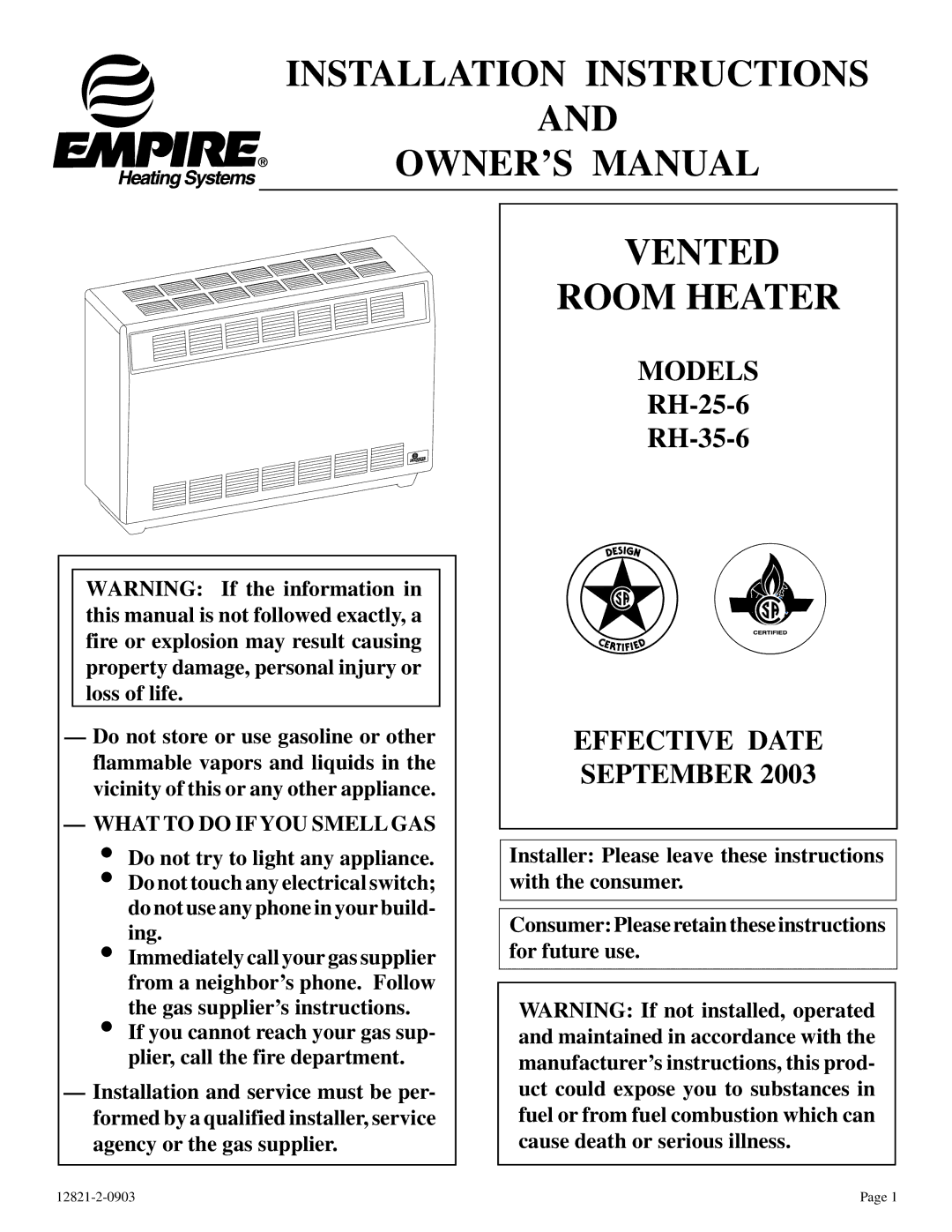 Empire Products RH-25-6, RH-35-6 installation instructions Installation Instructions 