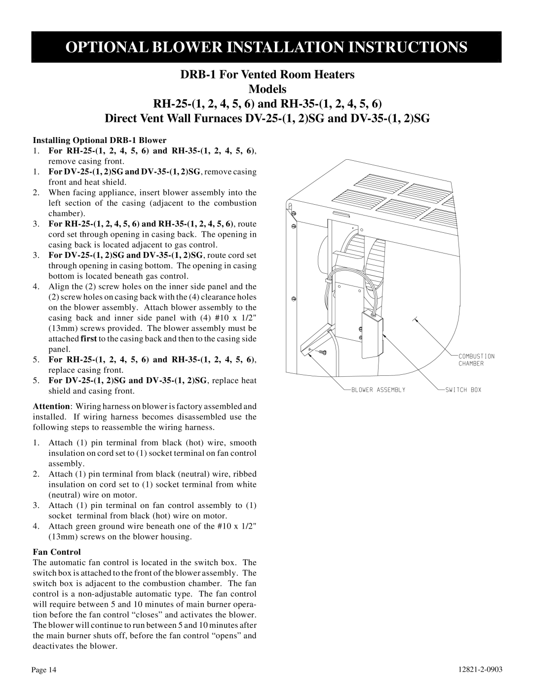 Empire Products RH-35-6 Optional Blower Installation Instructions, For RH-25-1, 2, 4, 5, 6 and RH-35-1, 2, 4, 5, 6, route 