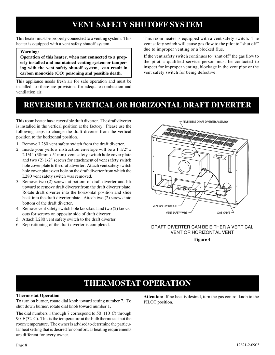 Empire Products RH-35-6, RH-25-6 installation instructions Vent Safety Shutoff System, Thermostat Operation 