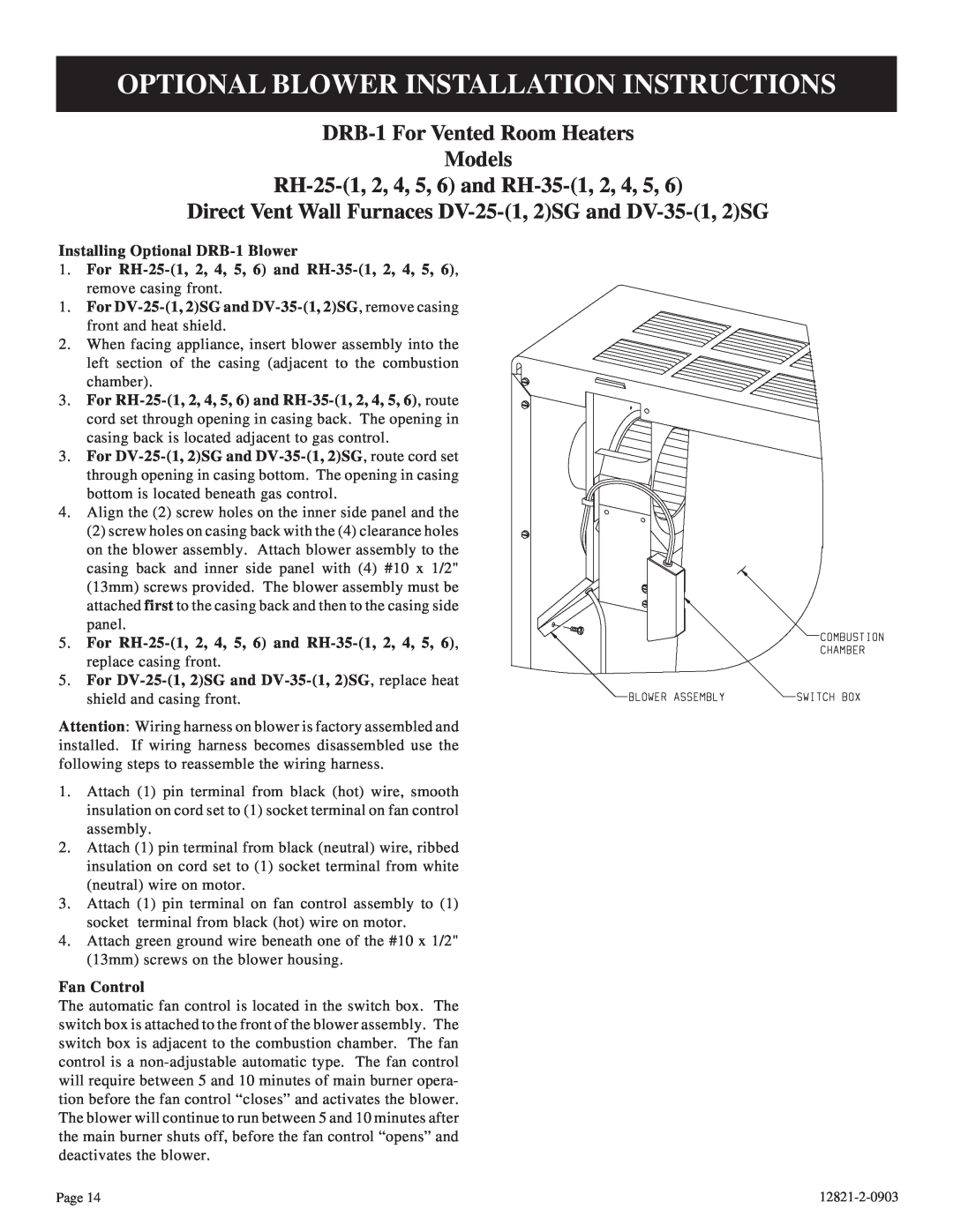 Empire Products RH-35-6, RH-25-6 Optional Blower Installation Instructions, DRB-1For Vented Room Heaters Models 