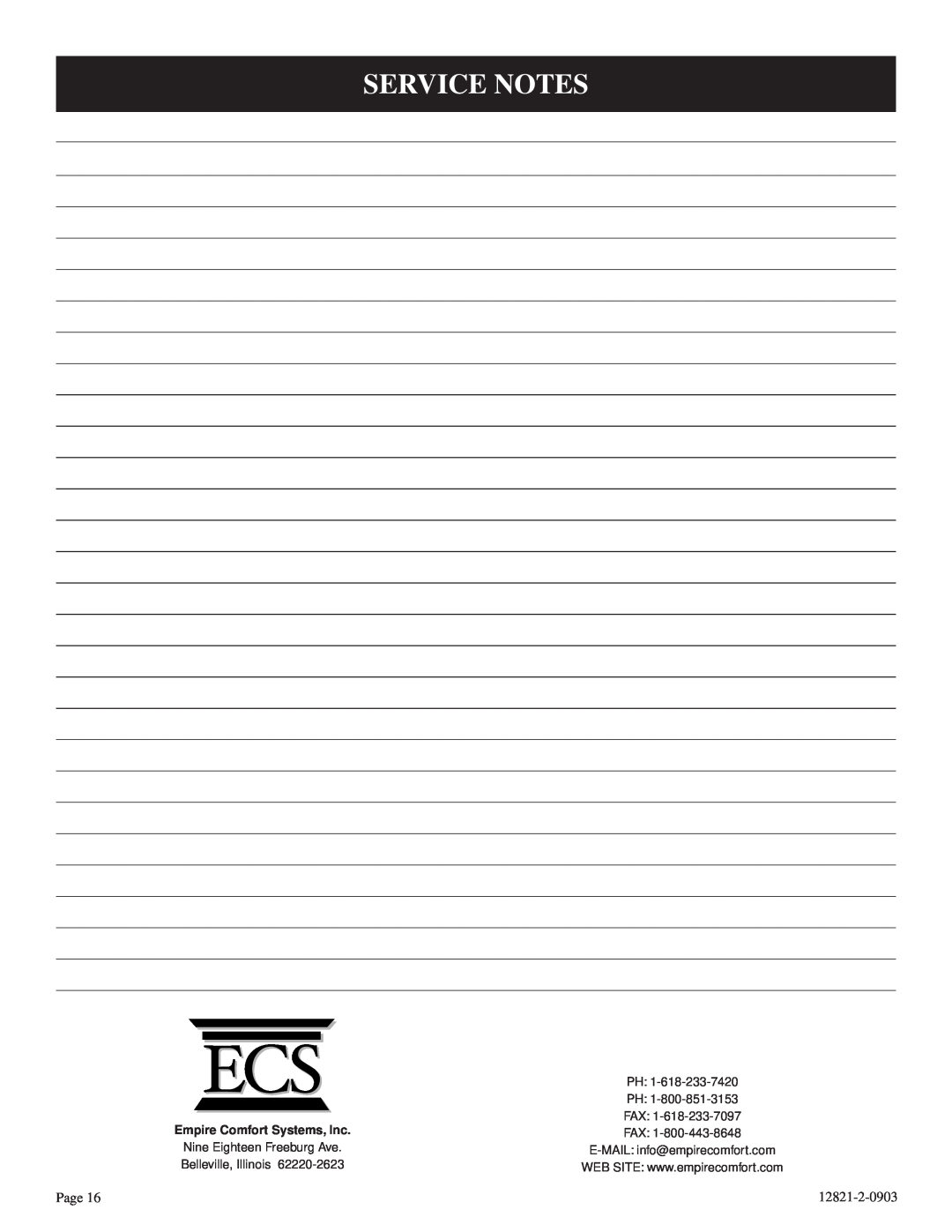 Empire Products RH-35-6 Service Notes, Page, 12821-2-0903, Empire Comfort Systems, Inc, Fax, Nine Eighteen Freeburg Ave 