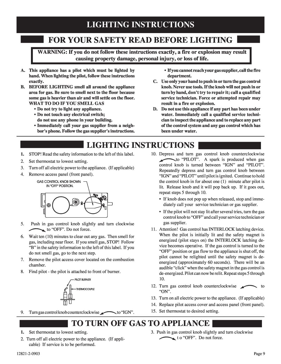 Empire Products RH-25-6, RH-35-6 Lighting Instructions, For Your Safety Read Before Lighting, To Turn Off Gas To Appliance 