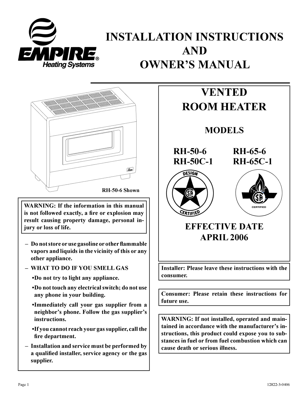 Empire Products RH-50-6 installation instructions Installation Instructions 