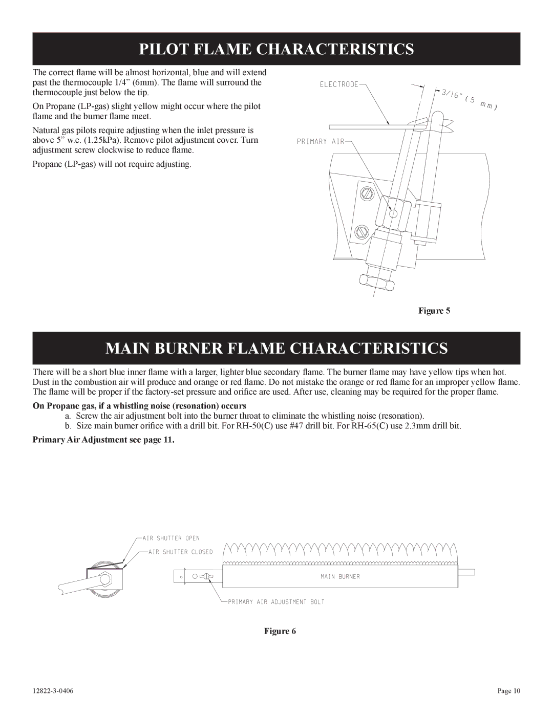 Empire Products RH-50-6 Pilot Flame Characteristics, Main Burner Flame Characteristics, Primary Air Adjustment see 