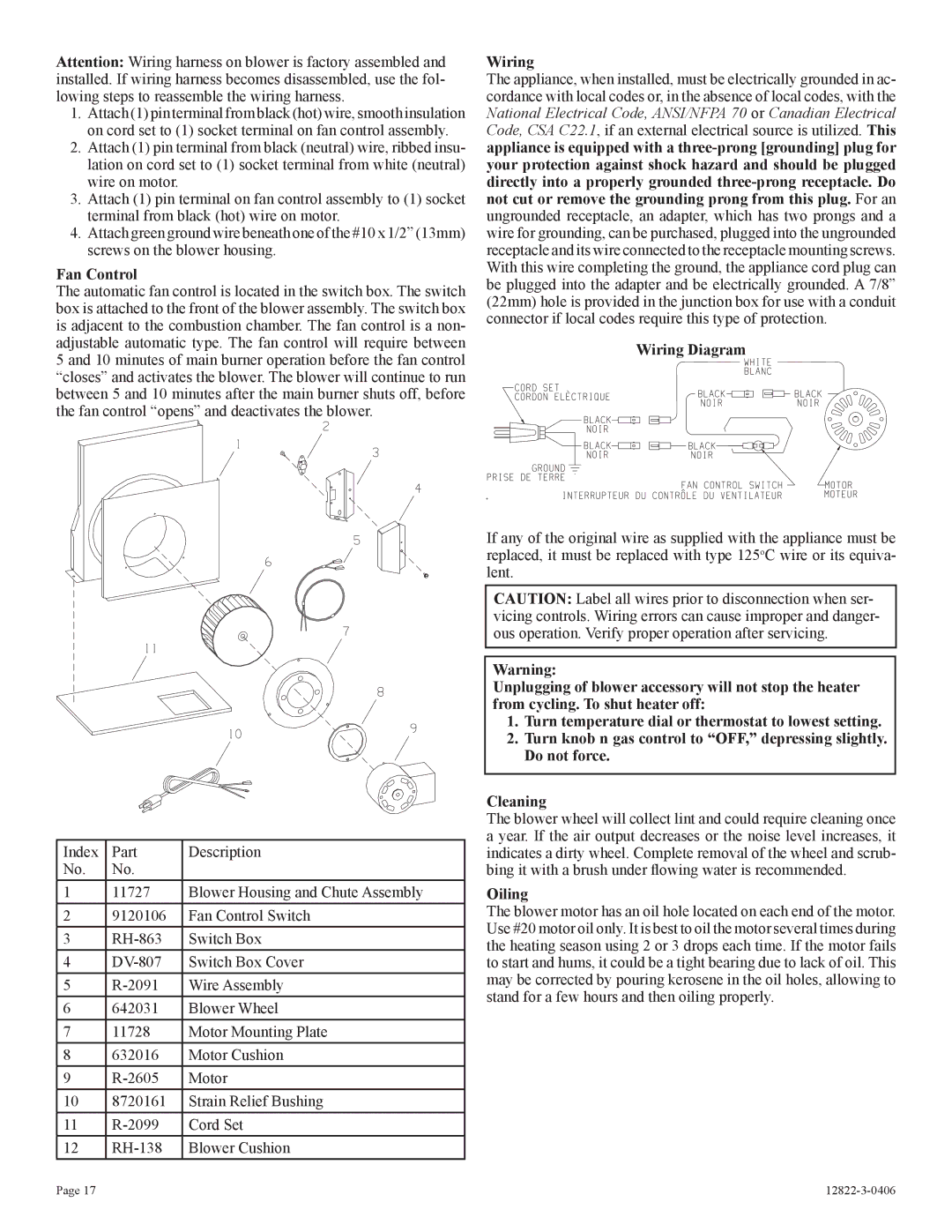 Empire Products RH-50-6 installation instructions Fan Control, Wiring Diagram, Oiling 