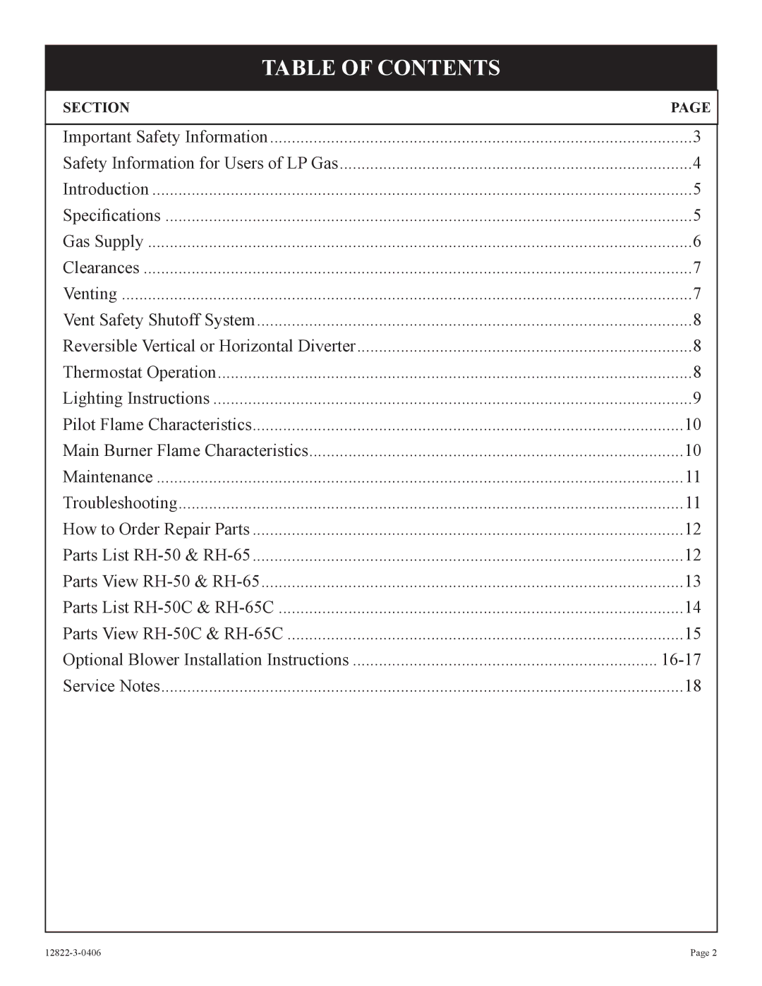 Empire Products RH-50-6 installation instructions Table of Contents 