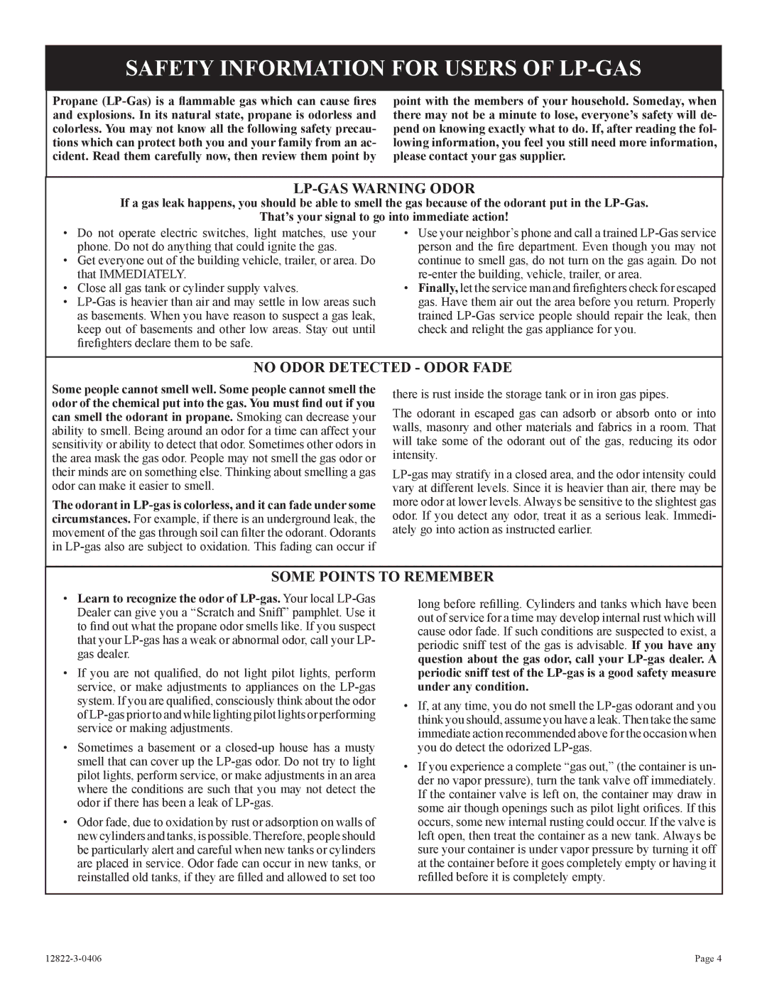 Empire Products RH-50-6 installation instructions Safety Information for Users of LP-GAS, LP-GAS Warning Odor 