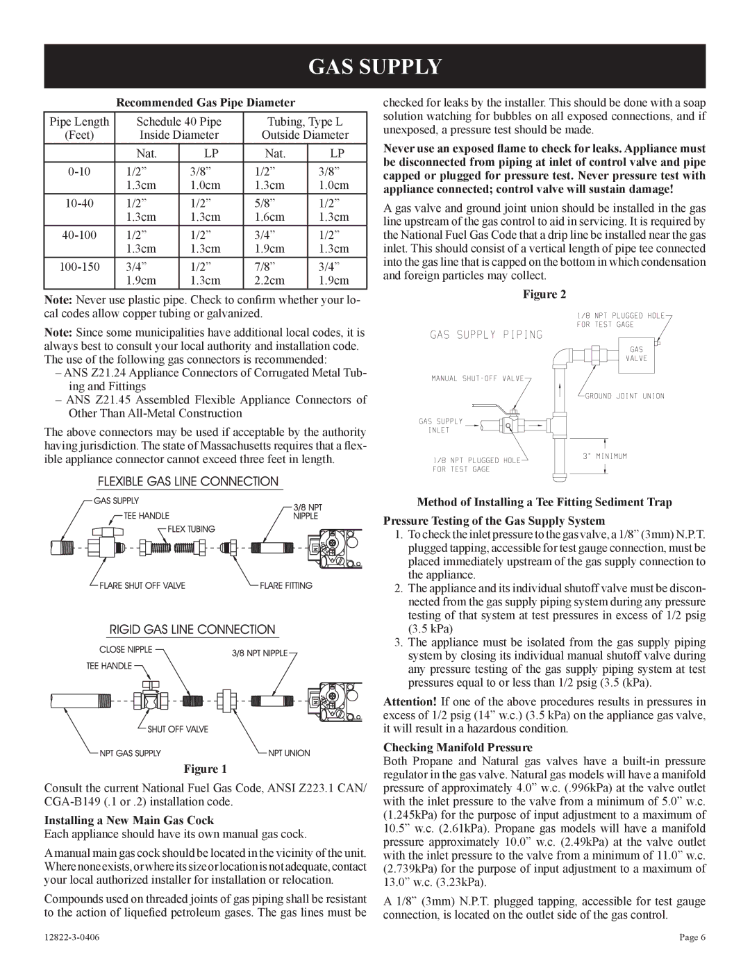 Empire Products RH-50-6 installation instructions GAS Supply, Recommended Gas Pipe Diameter, Installing a New Main Gas Cock 