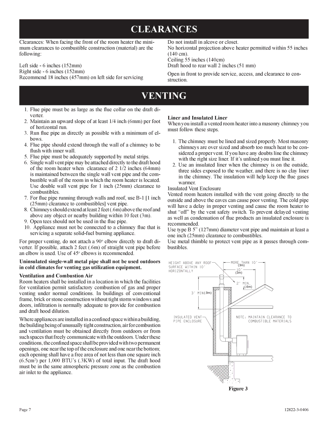 Empire Products RH-50-6 installation instructions Clearances, Venting, Liner and Insulated Liner 