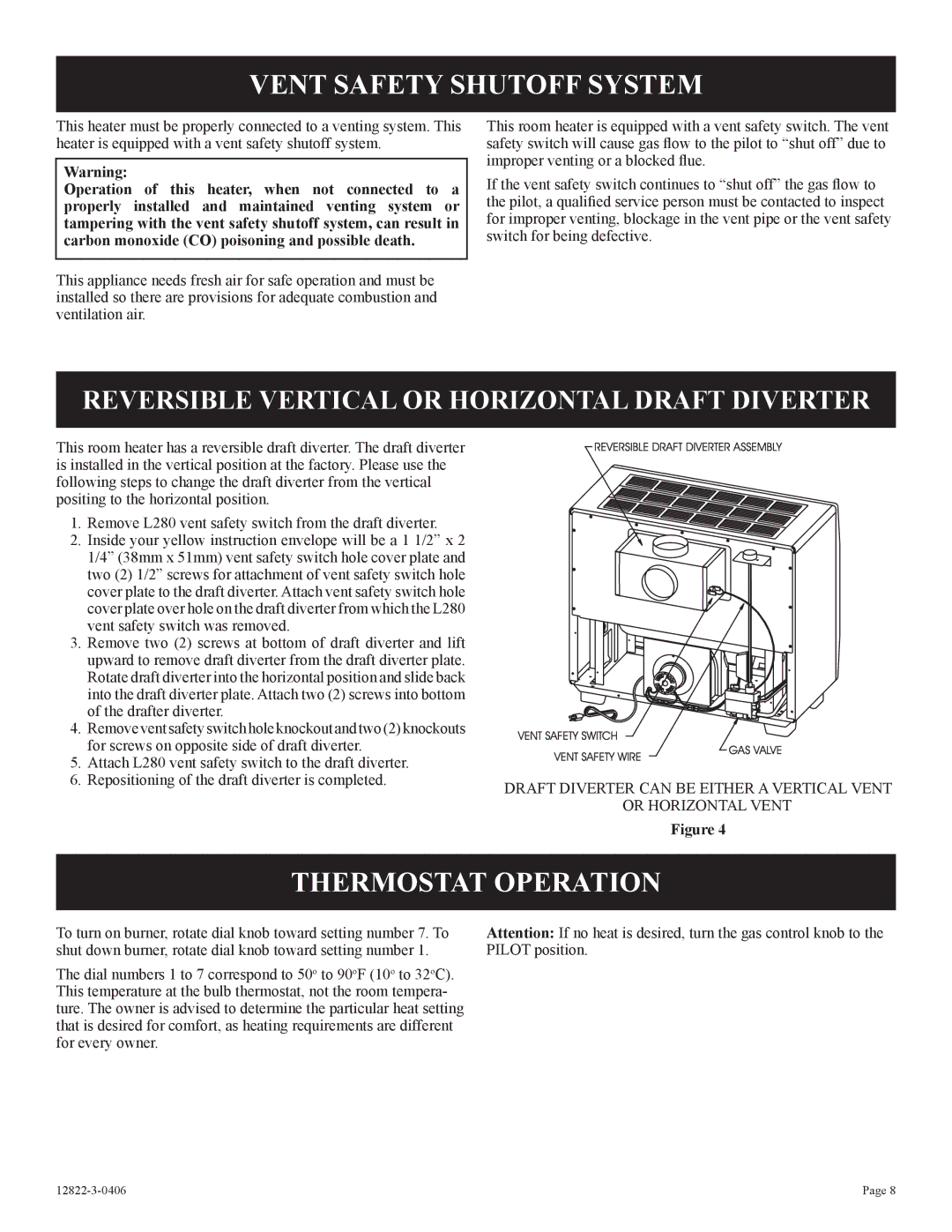 Empire Products RH-50-6 installation instructions Vent Safety Shutoff System, Thermostat Operation 