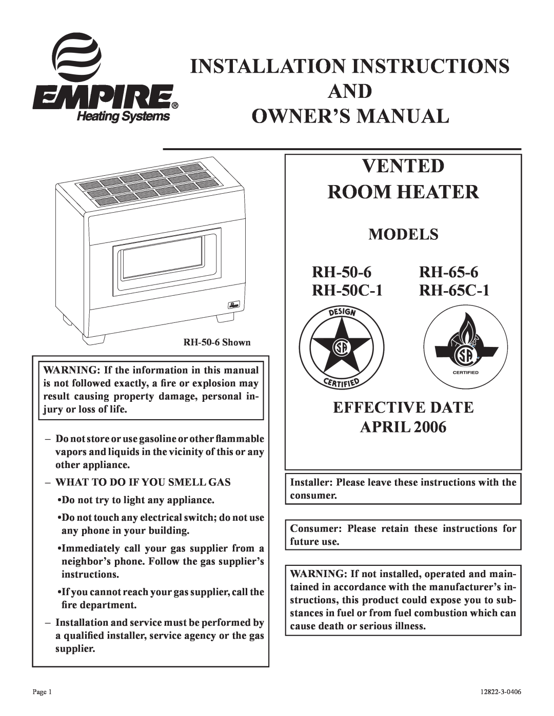 Empire Products installation instructions Vented Room Heater, MODELS RH-50-6 RH-65-6 RH-50C-1 RH-65C-1 