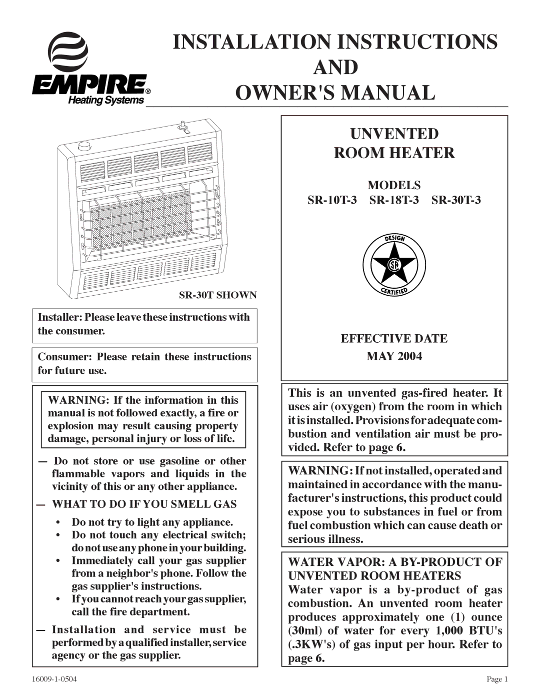 Empire Products SR-30T-3, SR-18T-3, SR-10T-3 installation instructions Installation Instructions 