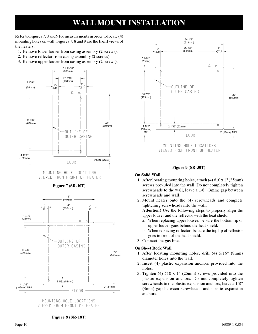 Empire Products SR-30T-3, SR-18T-3, SR-10T-3 installation instructions Wall Mount Installation, On Sheet Rock Wall 