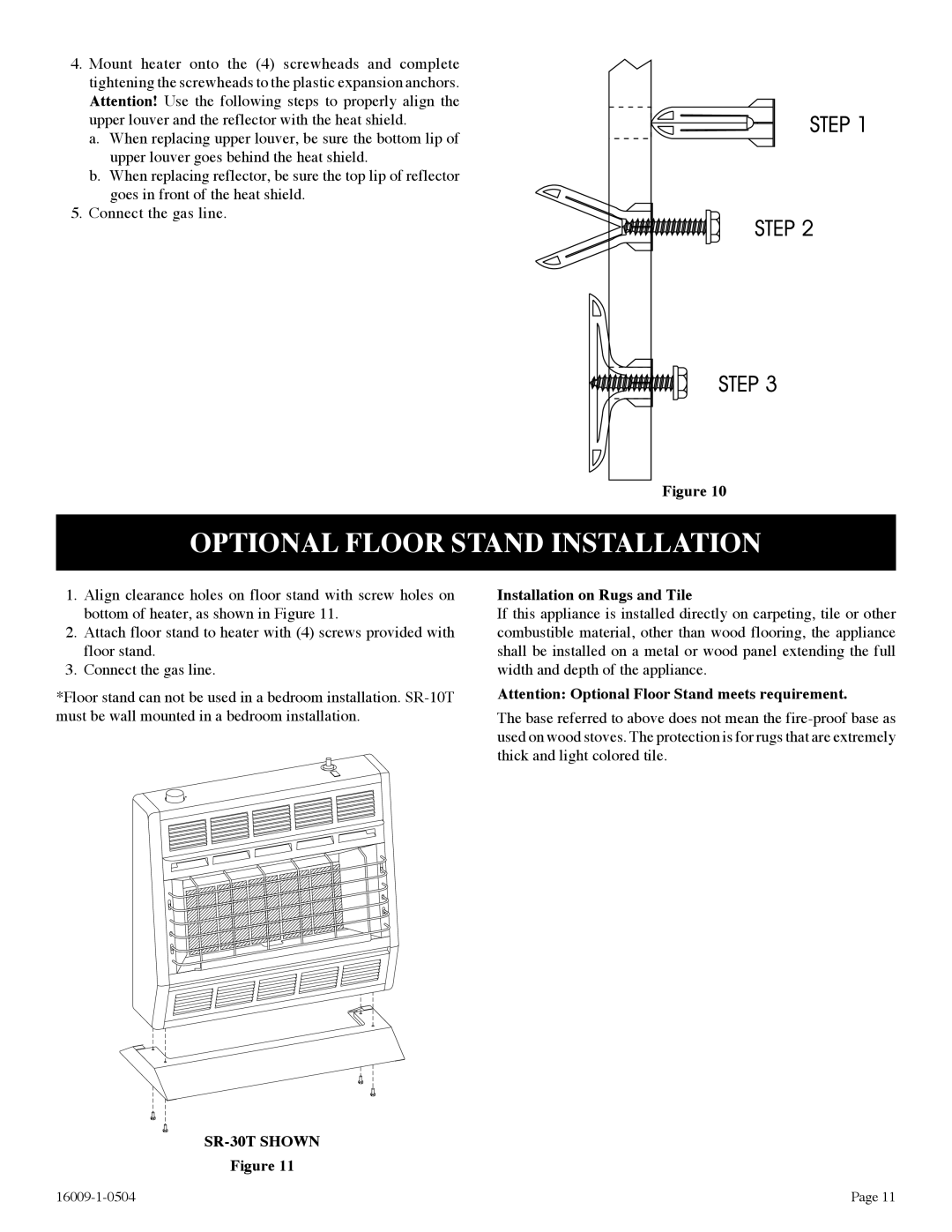 Empire Products SR-10T-3, SR-18T-3, SR-30T-3 Optional Floor Stand Installation, Installation on Rugs and Tile 