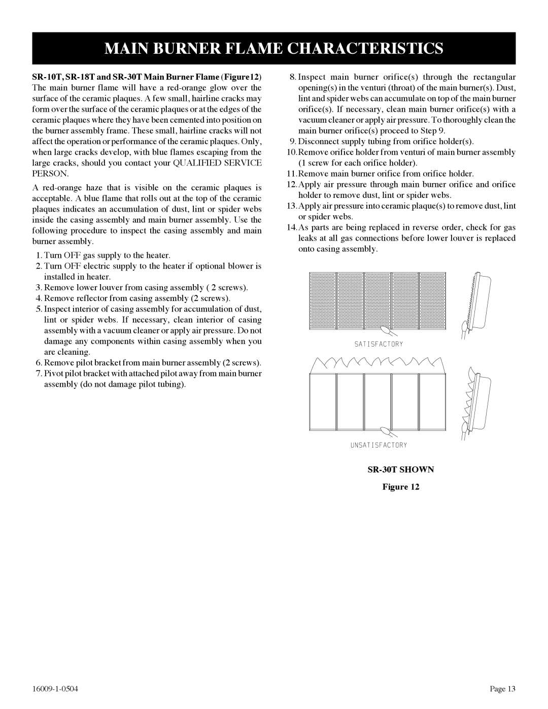 Empire Products SR-30T-3, SR-18T-3, SR-10T-3 installation instructions Main Burner Flame Characteristics 