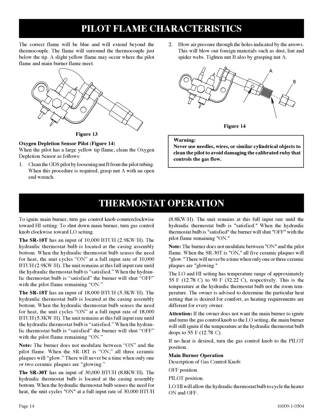 Empire Products SR-10T-3, SR-18T-3 Pilot Flame Characteristics, Thermostat Operation, Oxygen Depletion Sensor Pilot Figure 