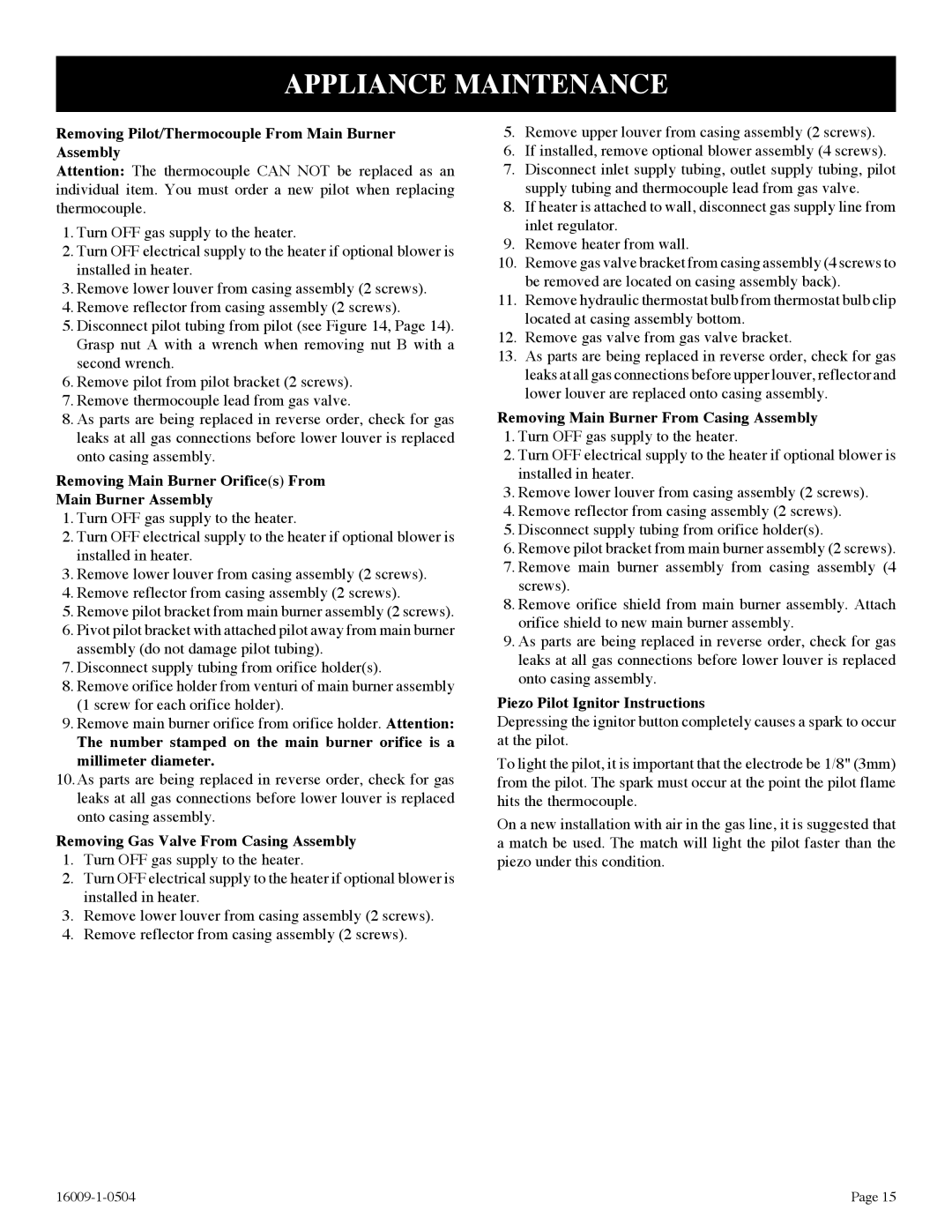 Empire Products SR-18T-3, SR-30T-3, SR-10T-3 installation instructions Appliance Maintenance 