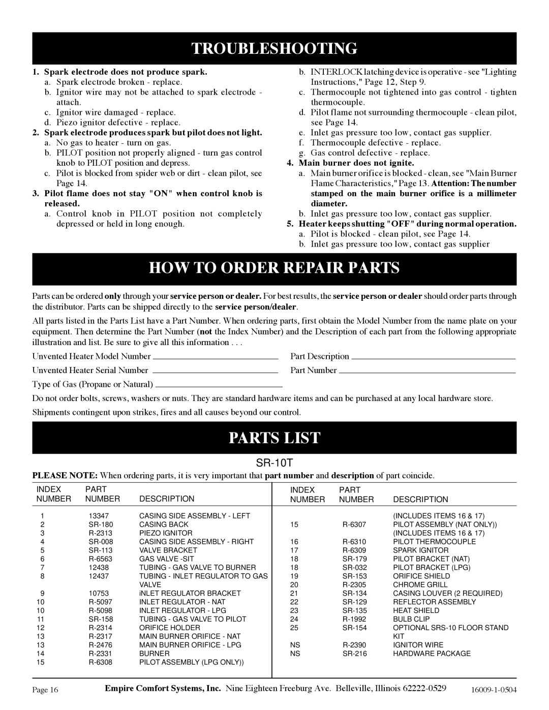 Empire Products SR-30T-3, SR-18T-3, SR-10T-3 installation instructions Troubleshooting, HOW to Order Repair Parts, Parts List 