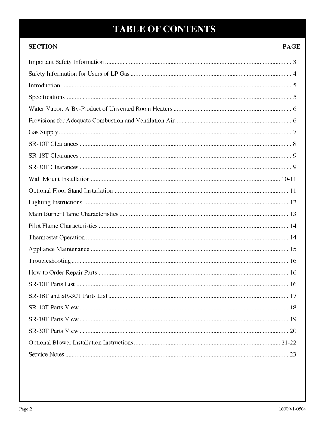 Empire Products SR-10T-3, SR-18T-3, SR-30T-3 installation instructions Table of Contents 