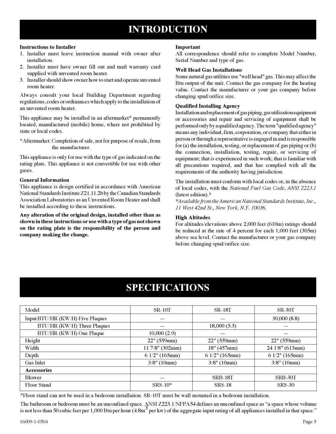 Empire Products SR-10T-3, SR-18T-3, SR-30T-3 installation instructions Introduction, Specifications 