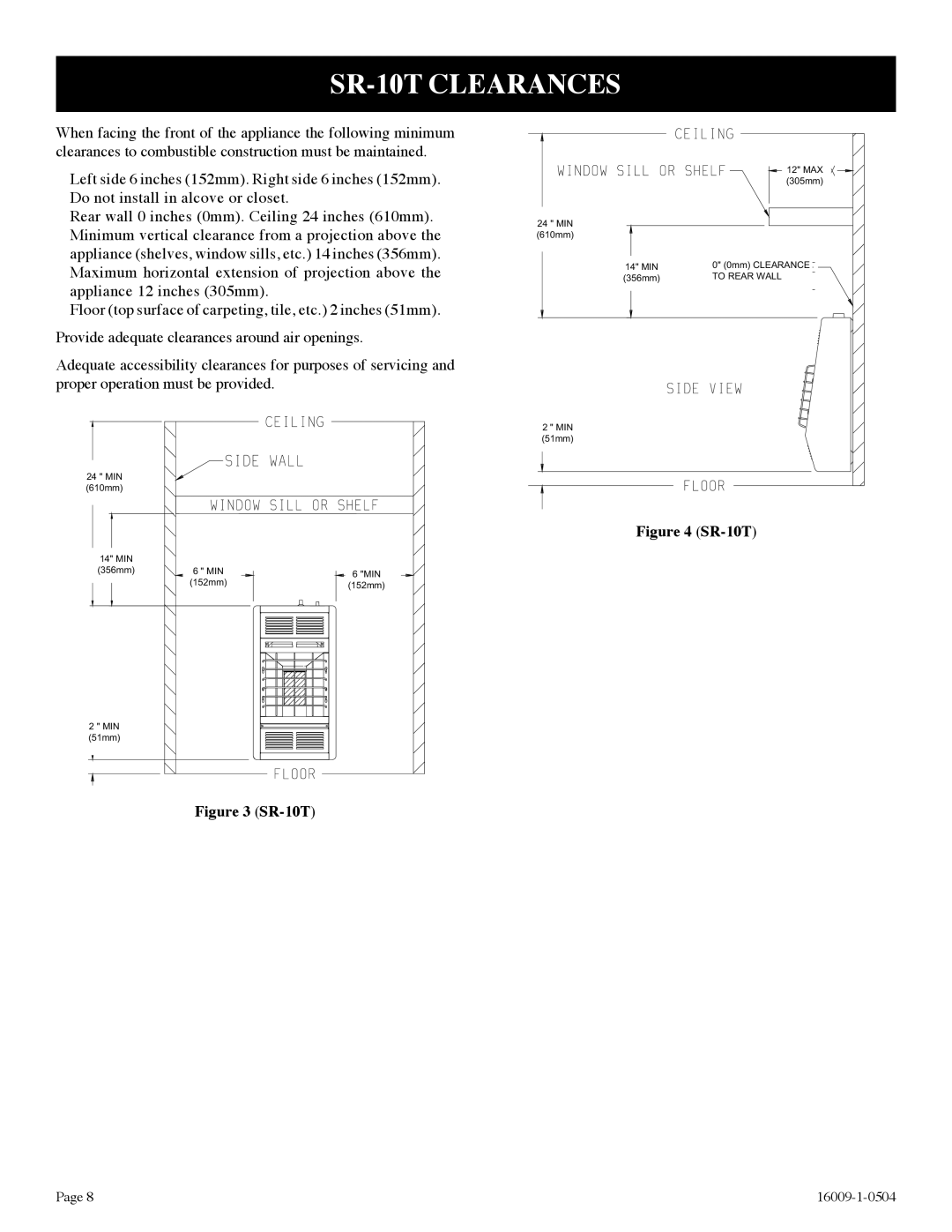 Empire Products SR-10T-3, SR-18T-3, SR-30T-3 installation instructions SR-10T Clearances 