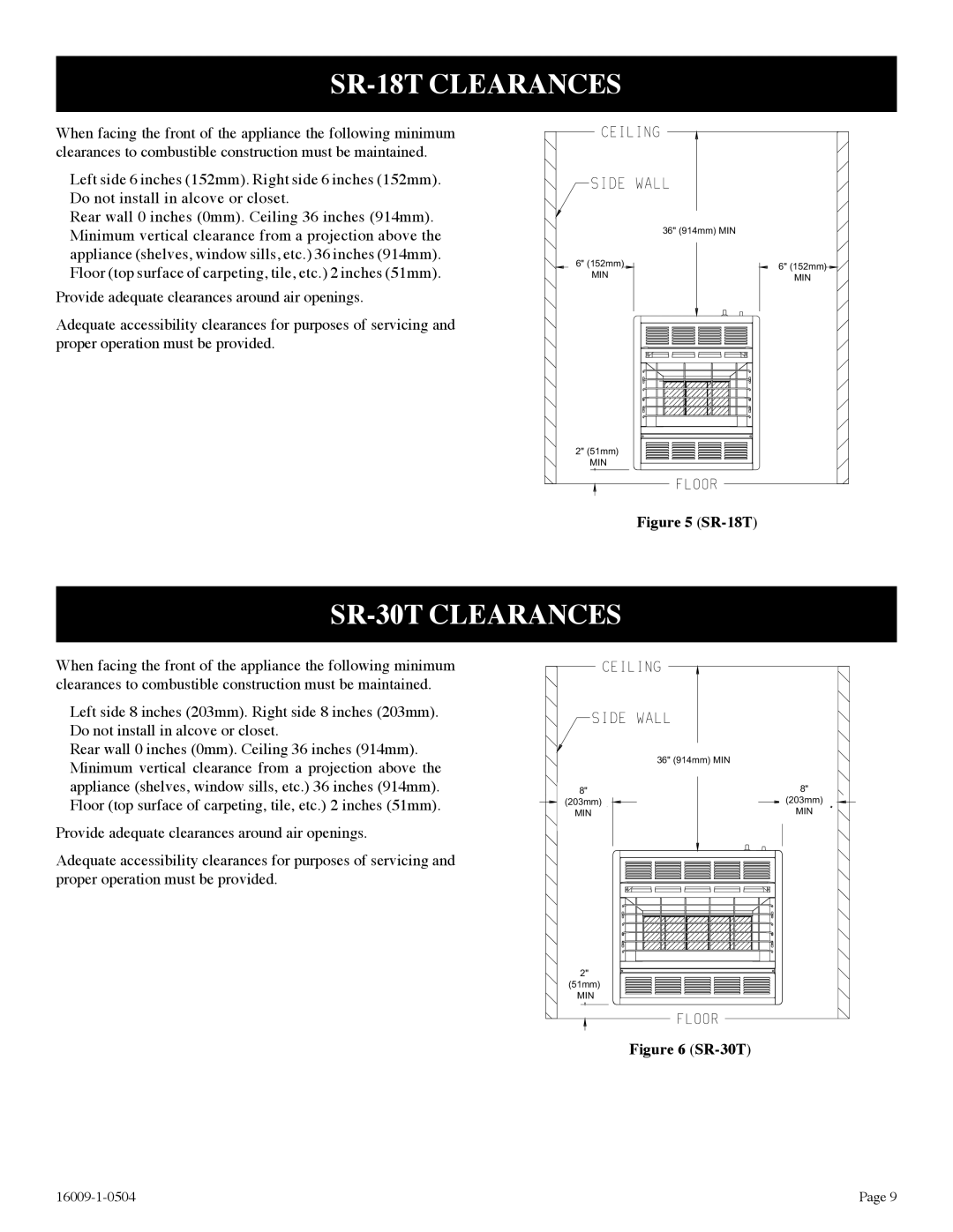 Empire Products SR-18T-3, SR-30T-3, SR-10T-3 installation instructions SR-18T Clearances, SR-30T Clearances 