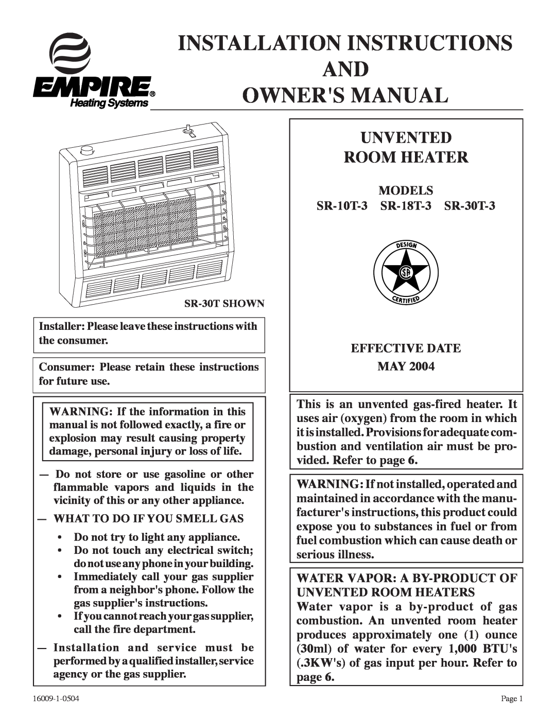 Empire Products SR-30T-3, SR-18T-3, SR-10T-3 installation instructions Unvented Room Heater 