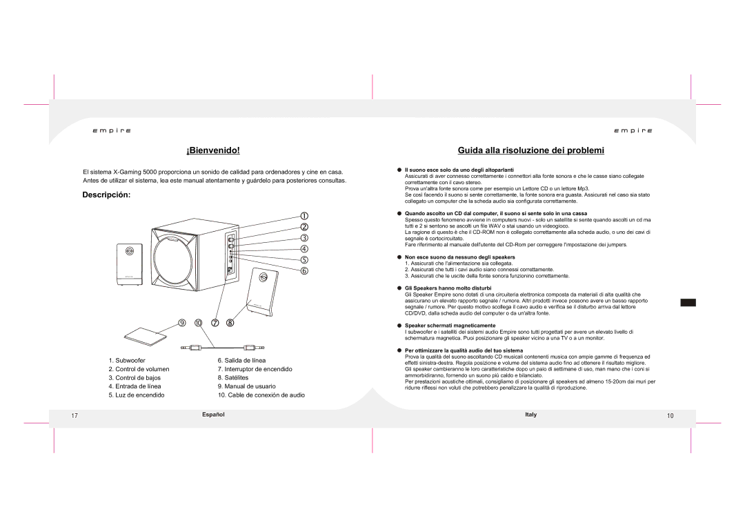 Empire Products X-GAMING 5000 user manual ¡Bienvenido, Guida alla risoluzione dei problemi, Descripción 