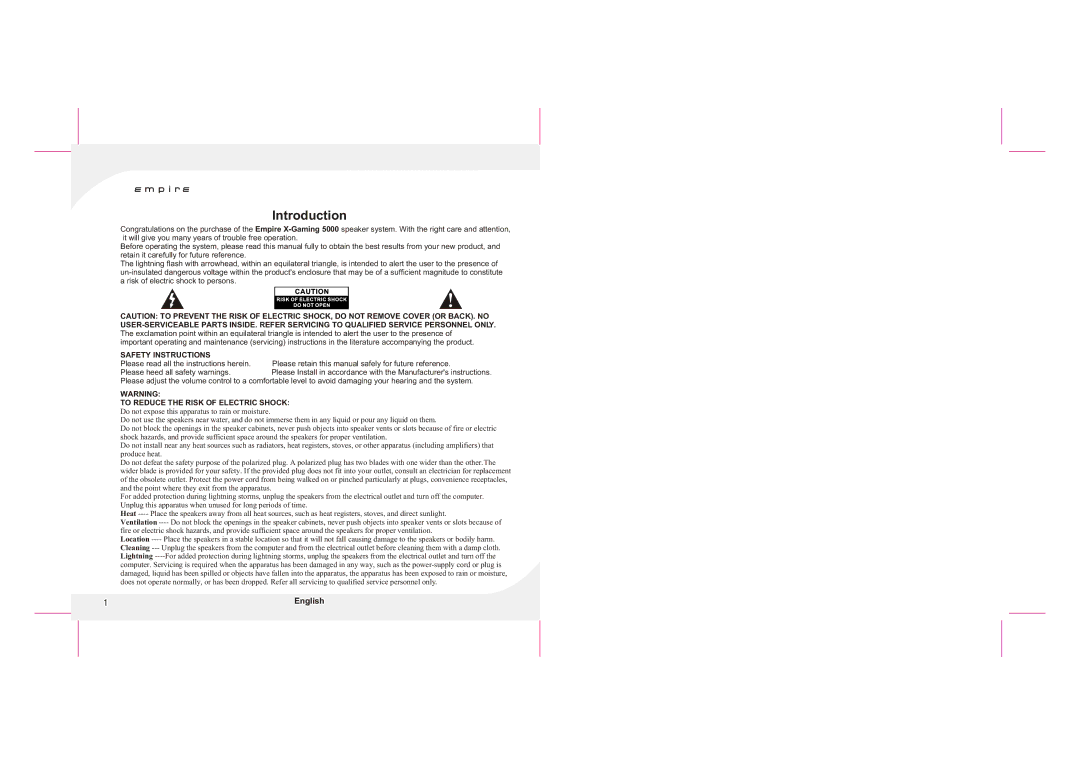 Empire Products X-GAMING 5000 user manual Introduction, English, Safety Instructions, To Reduce the Risk of Electric Shock 