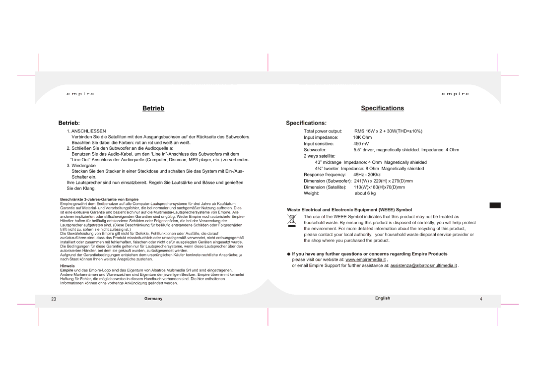 Empire Products X-GAMING 5000 user manual Betrieb, Specifications, Waste Electrical and Electronic Equipment Weee Symbol 