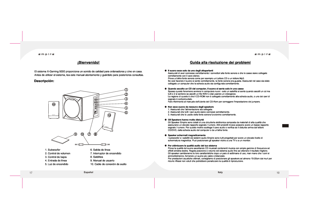 Empire Products X-GAMING 5000 user manual ¡Bienvenido, Guida alla risoluzione dei problemi, Descripción, Italy 