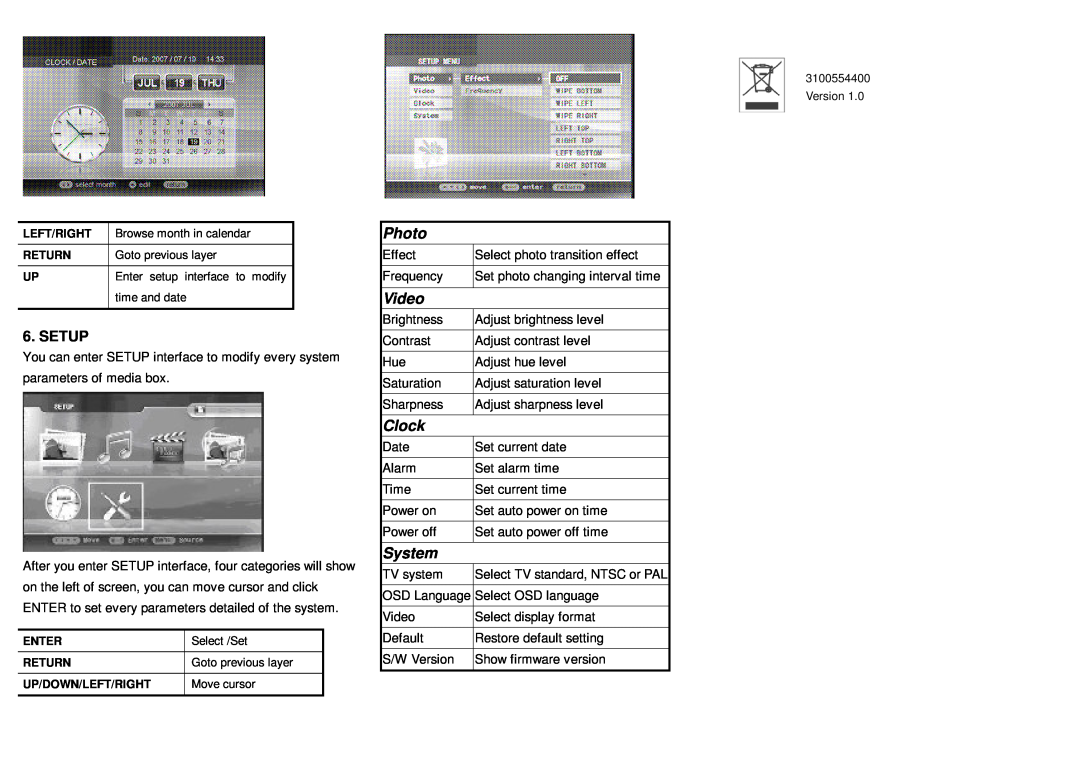 Emprex BMP-001 manual Setup, Photo, Video, Clock, System 