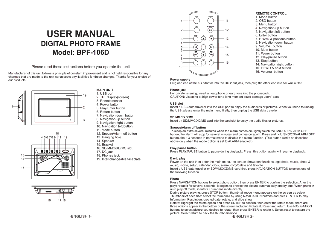 Emprex BPF-106D user manual Main Unit, Remote Control, Sd/Mmc/Xd/Ms 