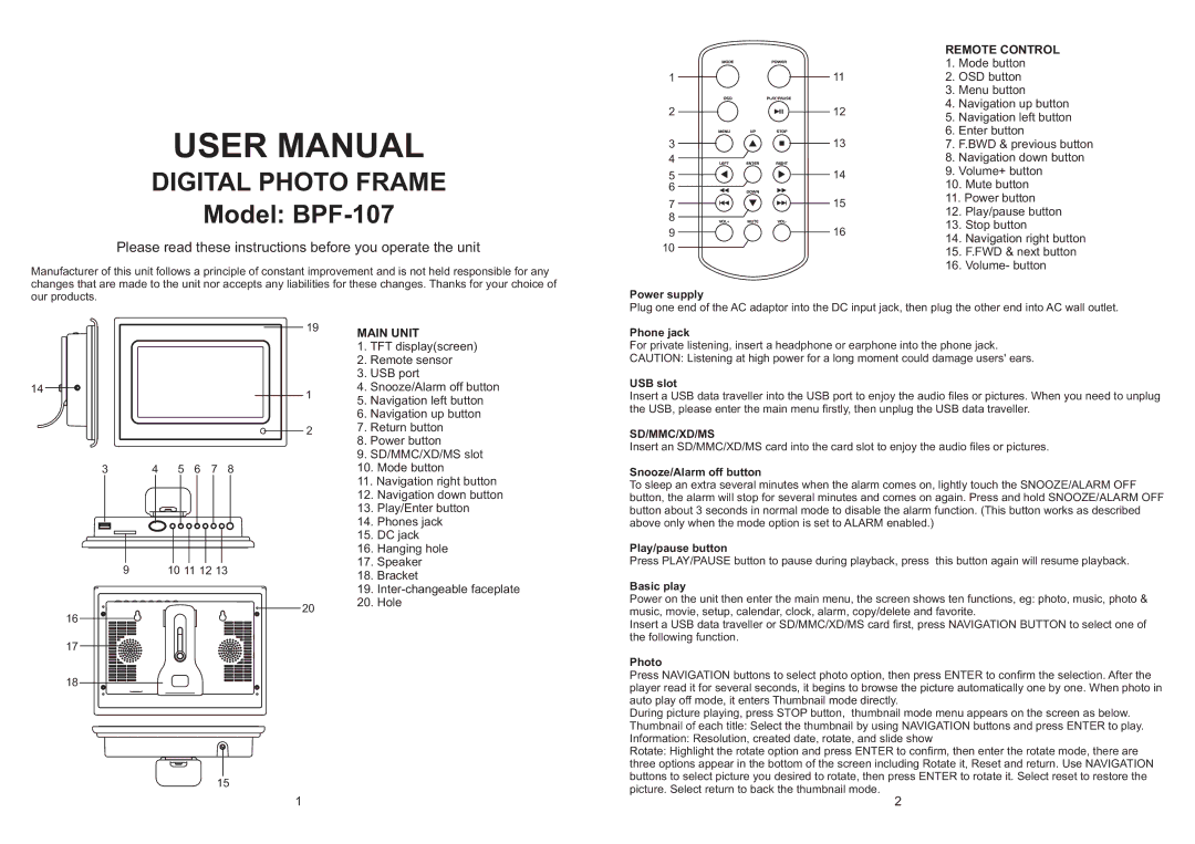 Emprex BPF-107 user manual Power supply, Phone jack, USB slot, Snooze/Alarm off button, Play/pause button, Basic play 