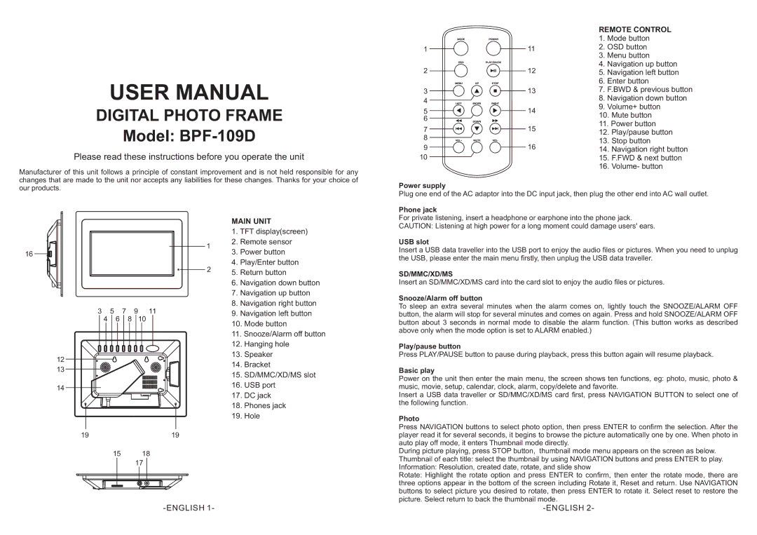 Emprex BPF-109D user manual Remote Control, Main Unit, Sd/Mmc/Xd/Ms 