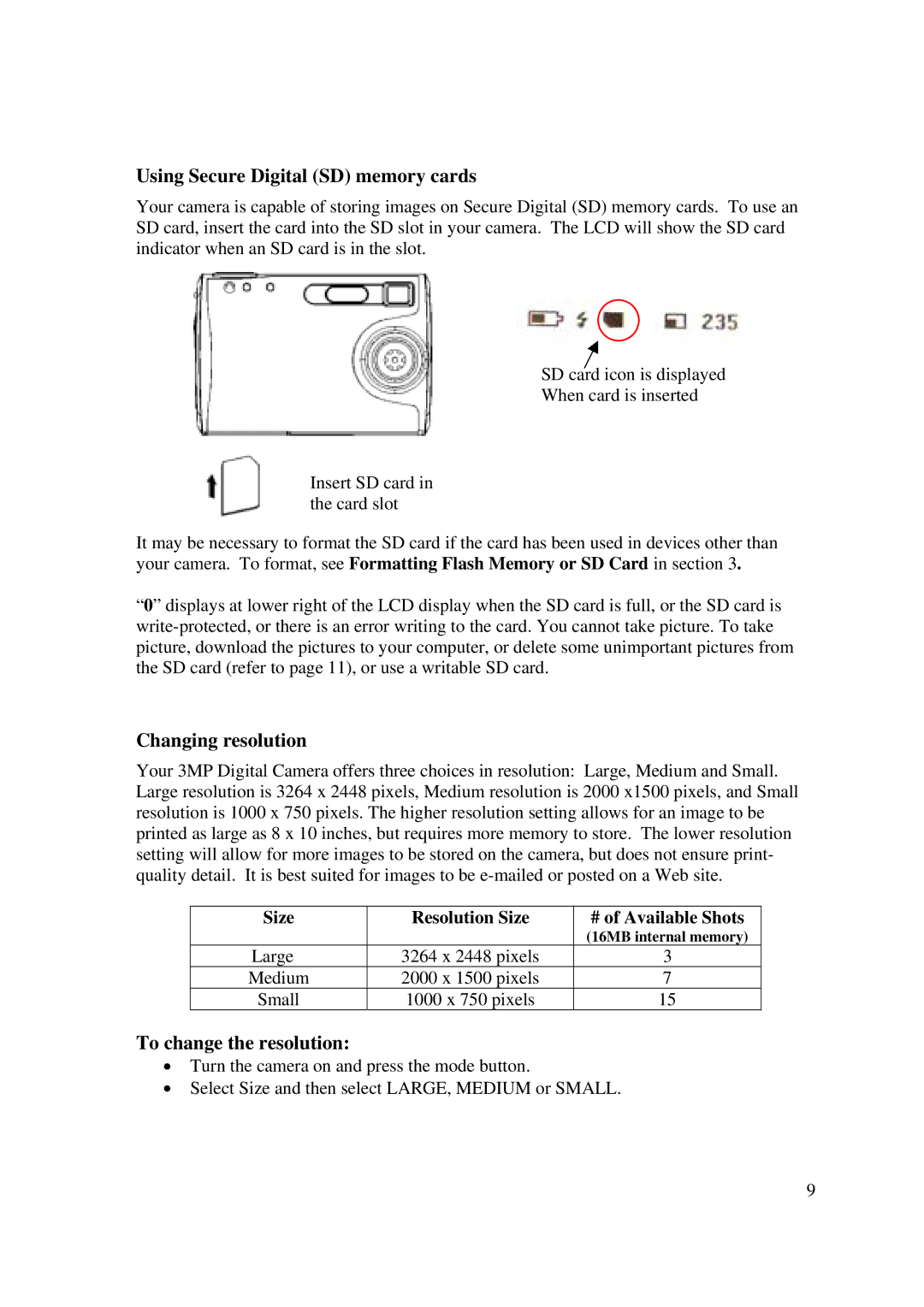 Emprex DSC 3380S manual Using Secure Digital SD memory cards, Changing resolution, To change the resolution 