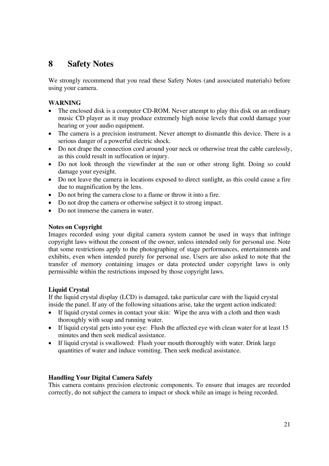 Emprex DSC 3380S manual Safety Notes, Liquid Crystal, Handling Your Digital Camera Safely 