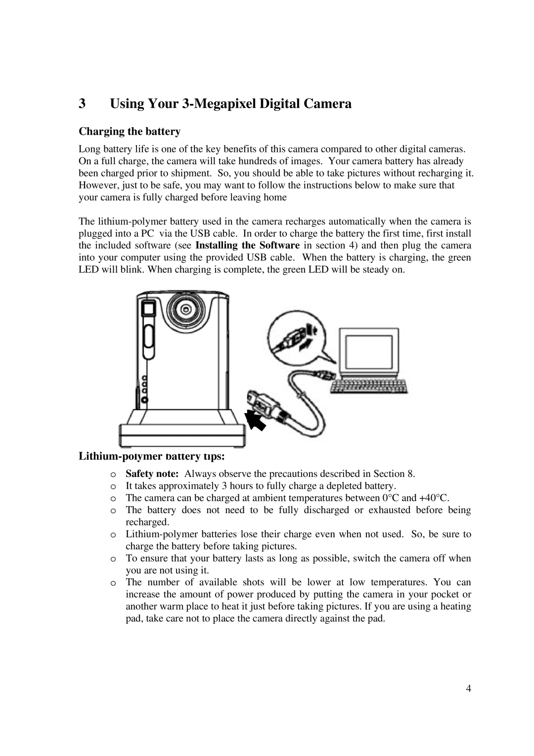 Emprex DSC 3380S manual Using Your 3-Megapixel Digital Camera, Charging the battery, Lithium-polymer battery tips 