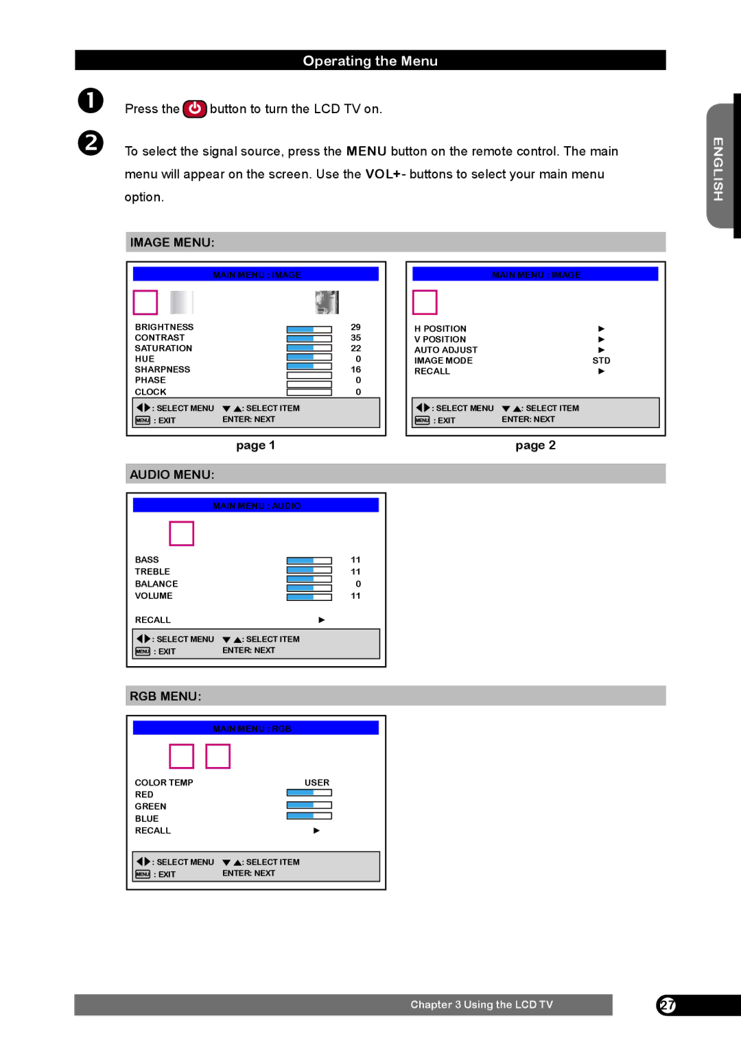 Emprex HD-3701 manual Operating the Menu, Image Menu, RGB Menu 