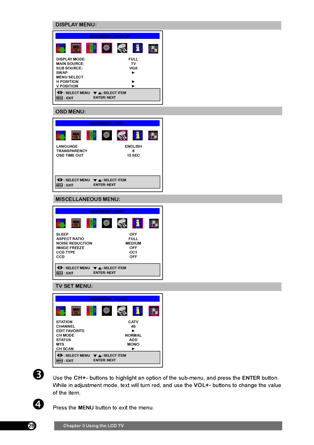 Emprex HD-3701 manual Display Menu, OSD Menu, Miscellaneous Menu, TV SET Menu 