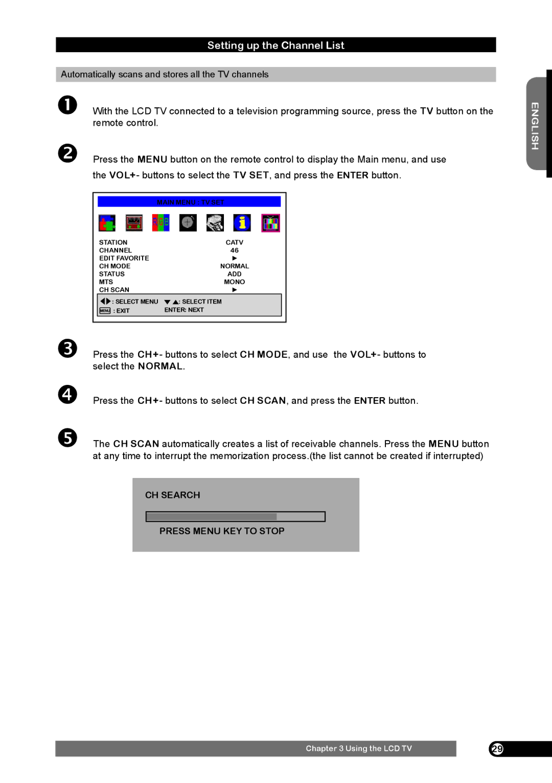 Emprex HD-3701 manual Setting up the Channel List, CH Search Press Menu KEY to Stop 