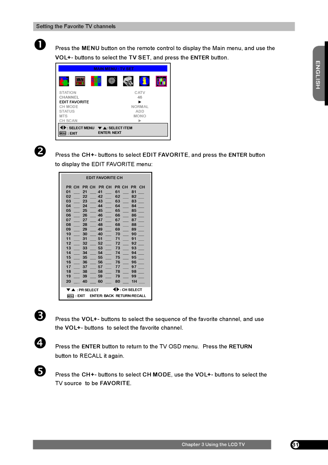 Emprex HD-3701 manual Setting the Favorite TV channels 