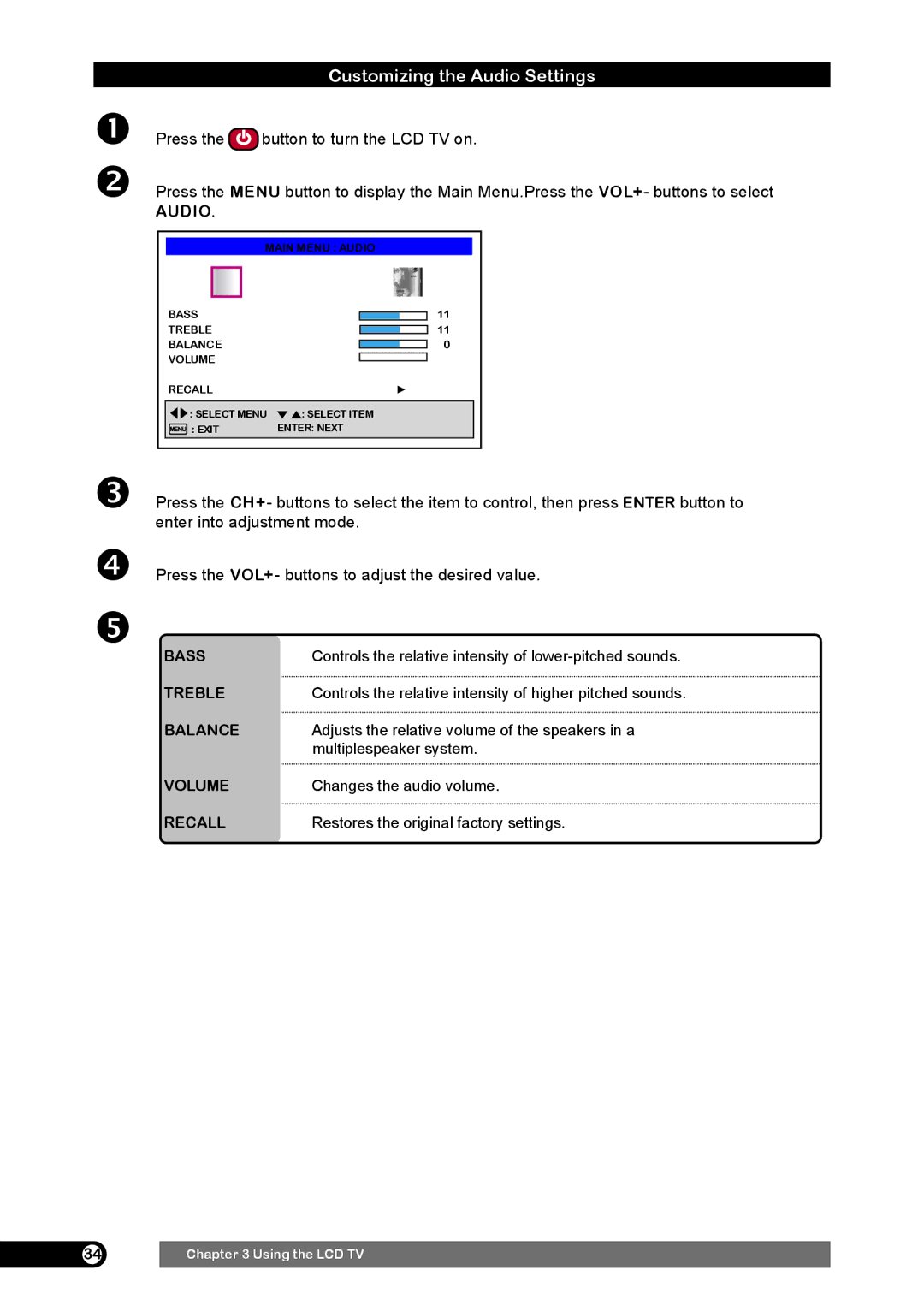 Emprex HD-3701 manual Customizing the Audio Settings, Bass, Treble, Balance 