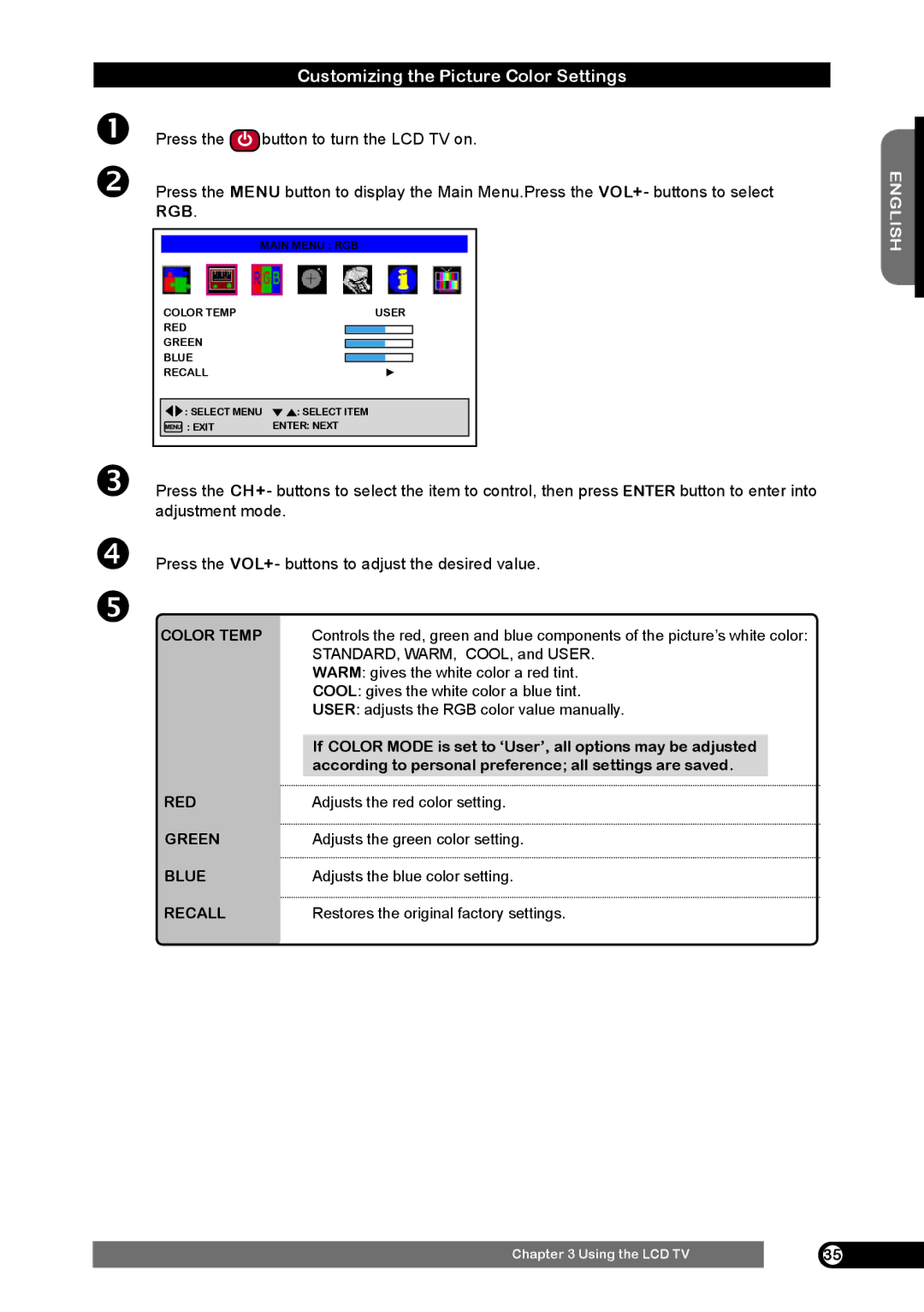 Emprex HD-3701 manual Customizing the Picture Color Settings, Color Temp, Red, Green, Blue 