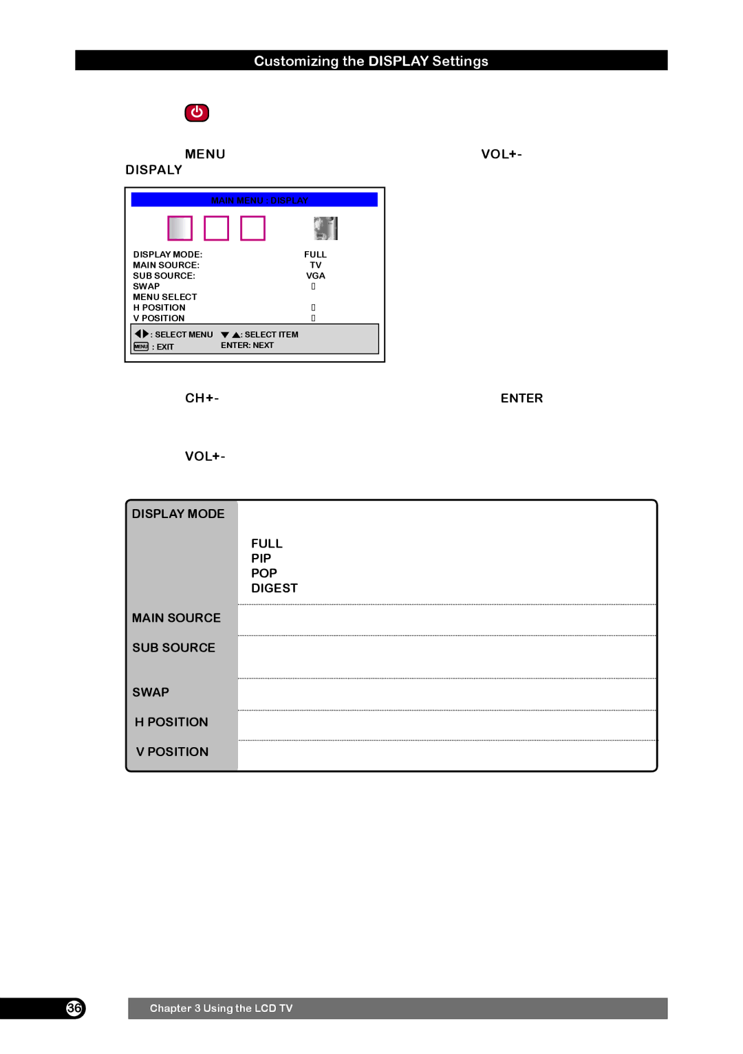 Emprex HD-3701 manual Customizing the Display Settings, Display Mode, Main Source, SUB Source, Swap 