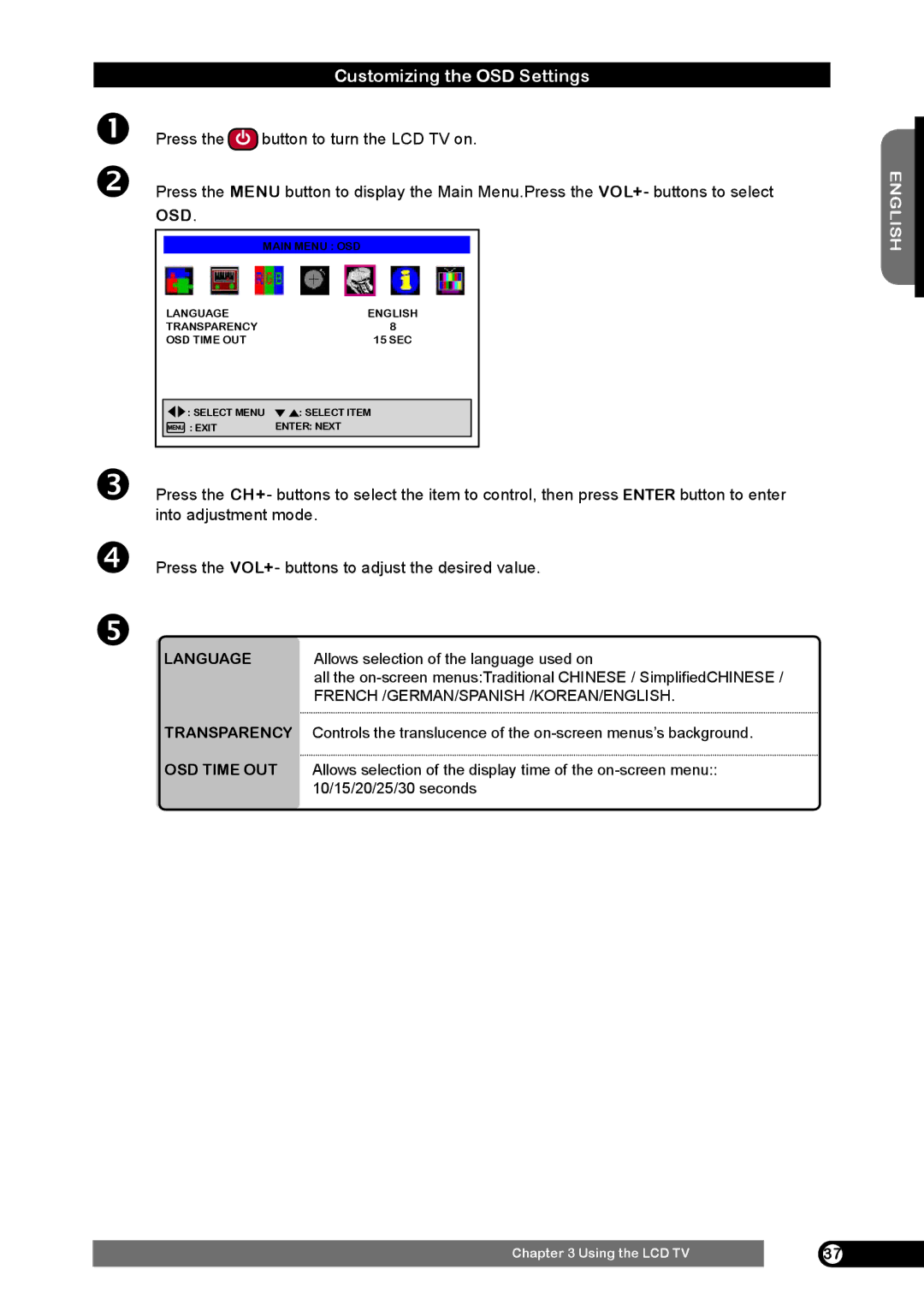 Emprex HD-3701 manual Customizing the OSD Settings, Language, Transparency, OSD Time OUT 