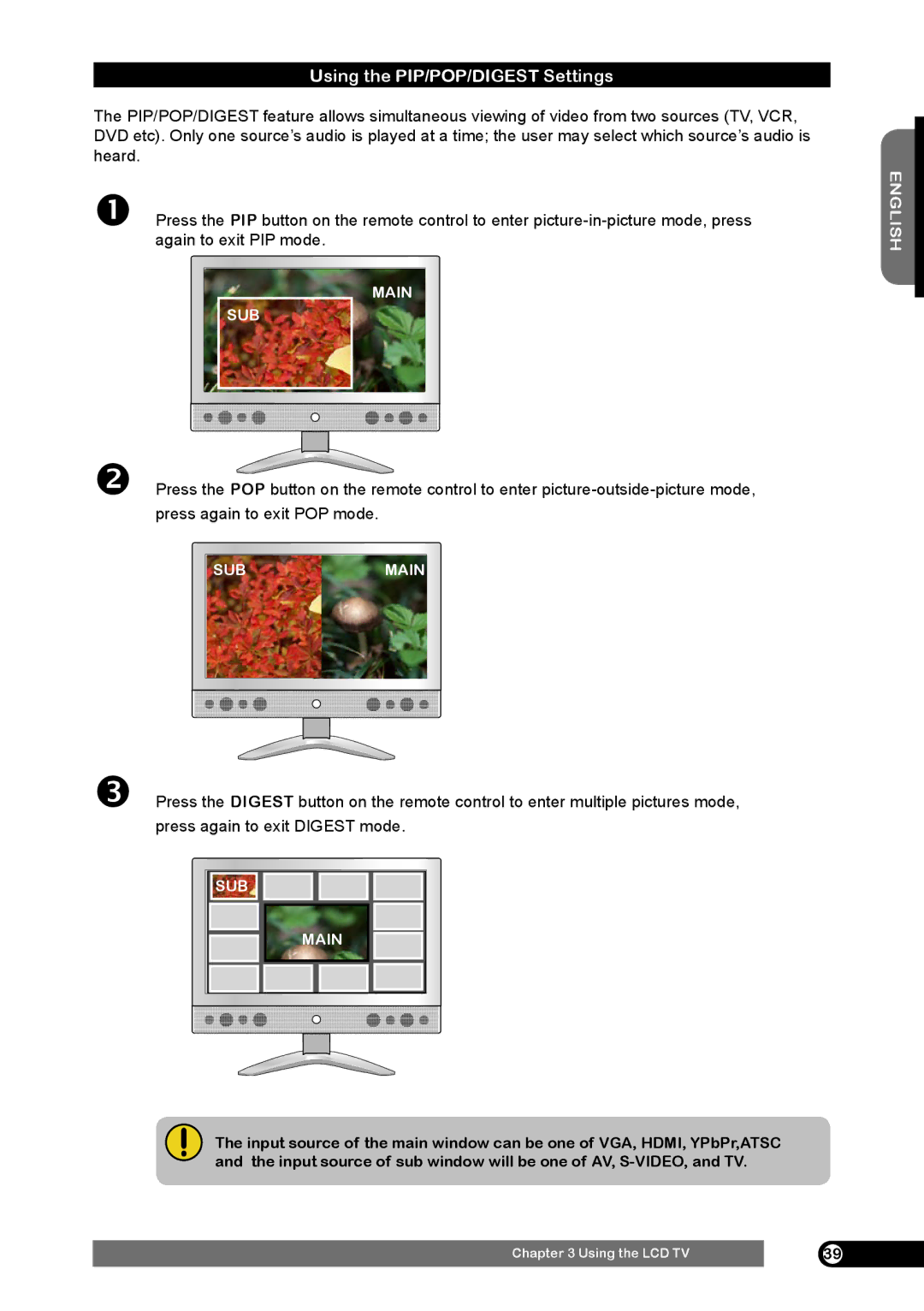 Emprex HD-3701 manual Using the PIP/POP/DIGEST Settings, Main 